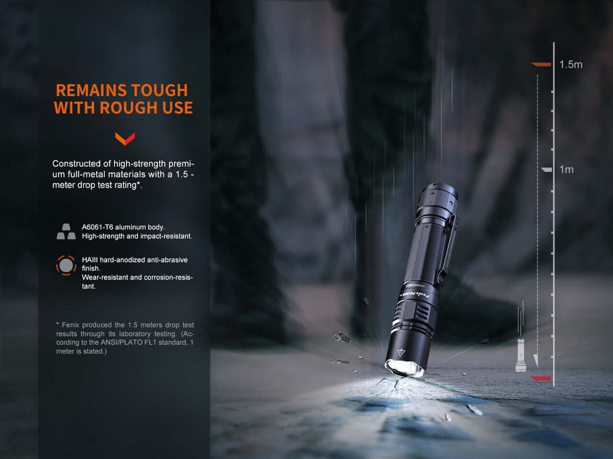 Fenix PD36R Pro flashlight showcasing toughness and durability with a 1.5-meter drop test rating.