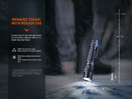 Fenix PD36R Pro flashlight showcasing toughness and durability with a 1.5-meter drop test rating.