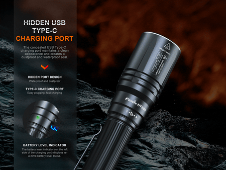Fenix HT30R flashlight showcasing hidden USB Type-C charging port and battery level indicator for robustness and convenience.