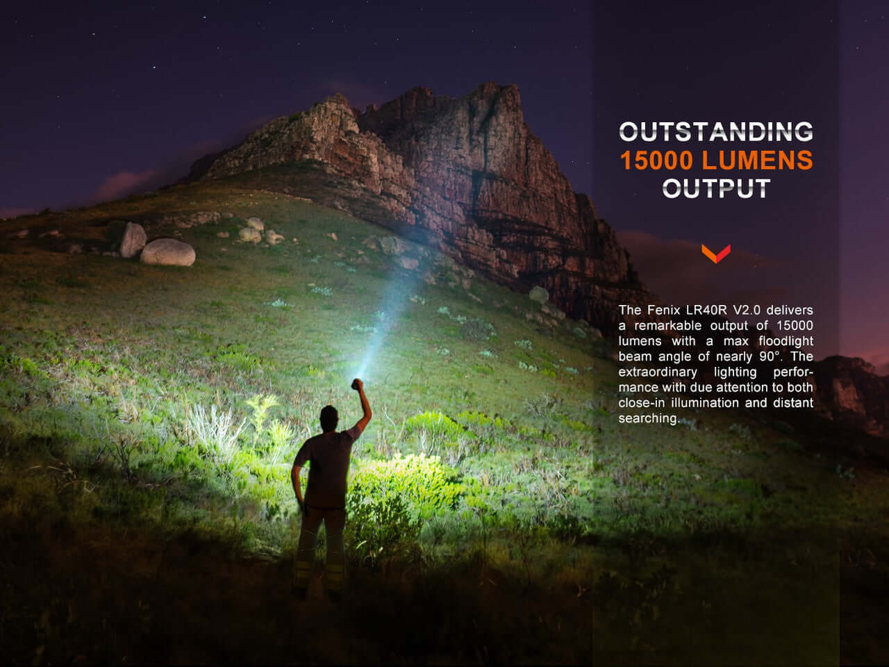 Fenix LR40R V2 flashlight illuminating a landscape with 15000 lumens output, highlighting its powerful search capabilities.