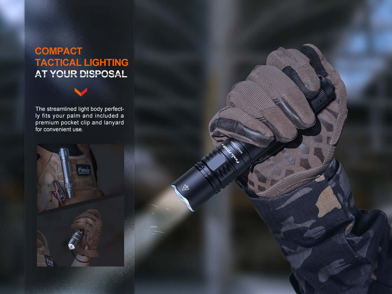 Fenix PD36R Pro flashlight in use, showcasing tactical grip and compact design for easy handling.