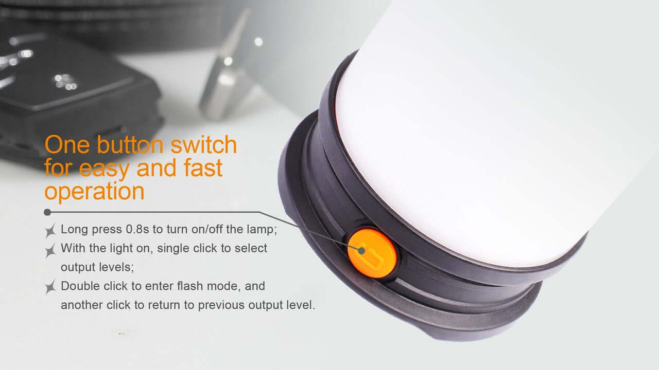 Fenix CL30R camping lantern features a one-button switch for easy operation and multiple brightness settings.