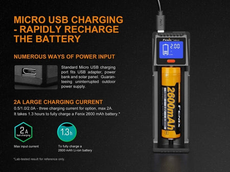 Fenix ARE-D1 Smart Battery Charger with micro USB charging, displaying 2600mAh battery and charging current options.