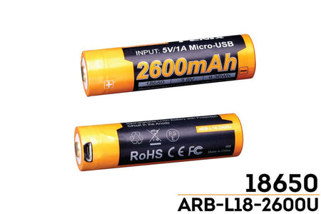 Fenix ARB-L18-2600U USB rechargeable 18650 battery, 2600mAh capacity, featuring micro USB input for convenient charging.