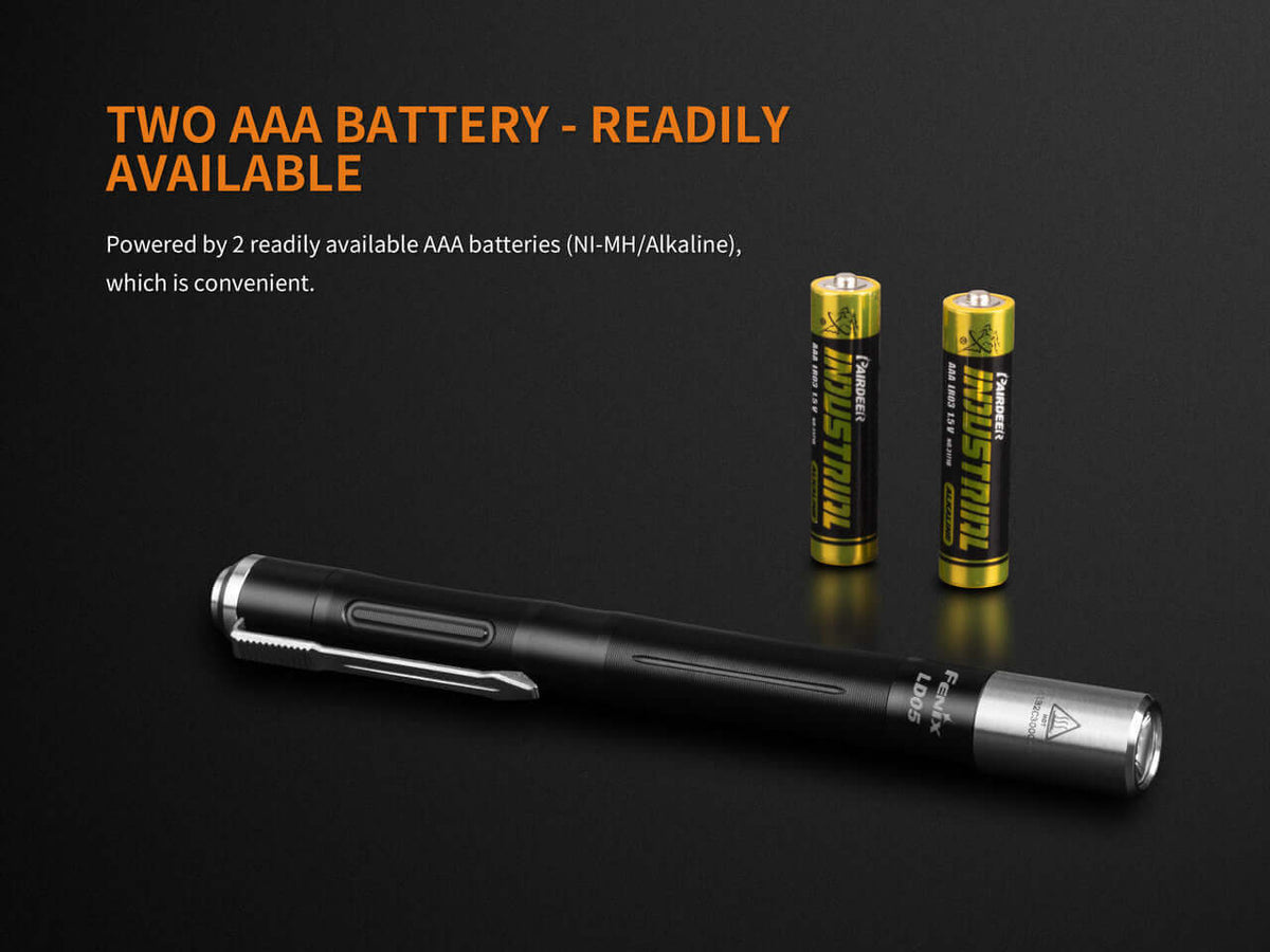 Fenix LD05 V2.0 EDC penlight with two AAA batteries on a black background, highlighting convenient power source.