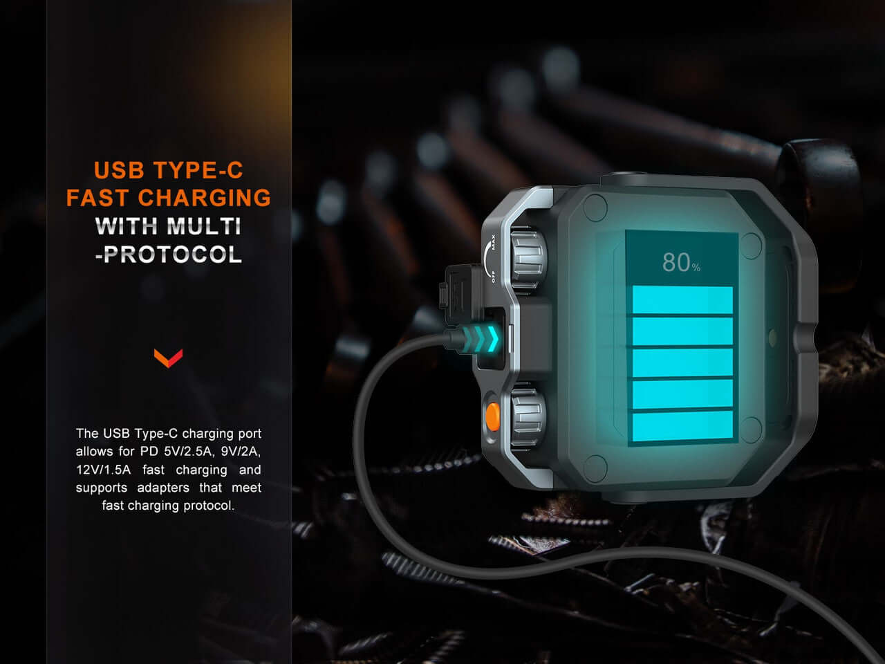 USB Type-C fast charging device showcasing multi-protocol capability and battery level indicator.