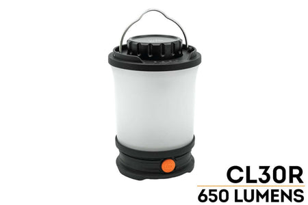 Fenix CL30R rechargeable camping lantern with 650 lumens, perfect for camping and outdoor adventures.