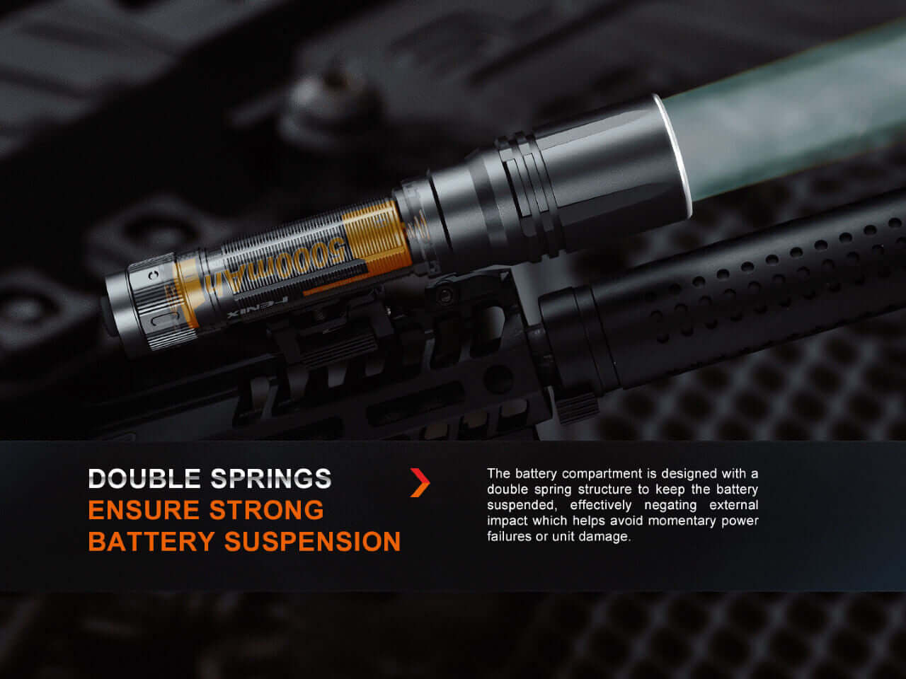 Fenix HT30R flashlight showcasing double spring battery suspension for enhanced durability and performance.