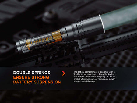 Fenix HT30R flashlight showcasing double spring battery suspension for enhanced durability and performance.