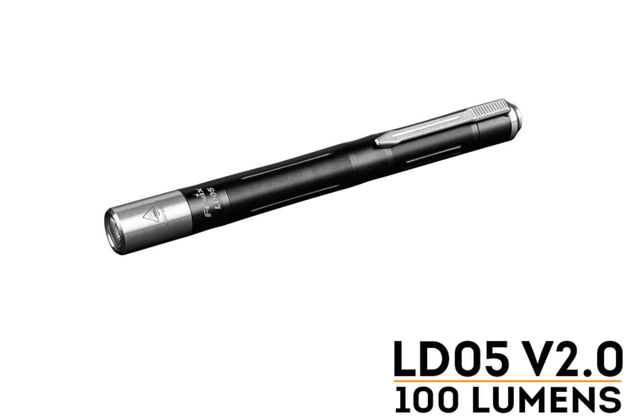 Fenix LD05 V2.0 EDC Flashlight, dual lighting source, 100 lumens, compact and portable penlight design.