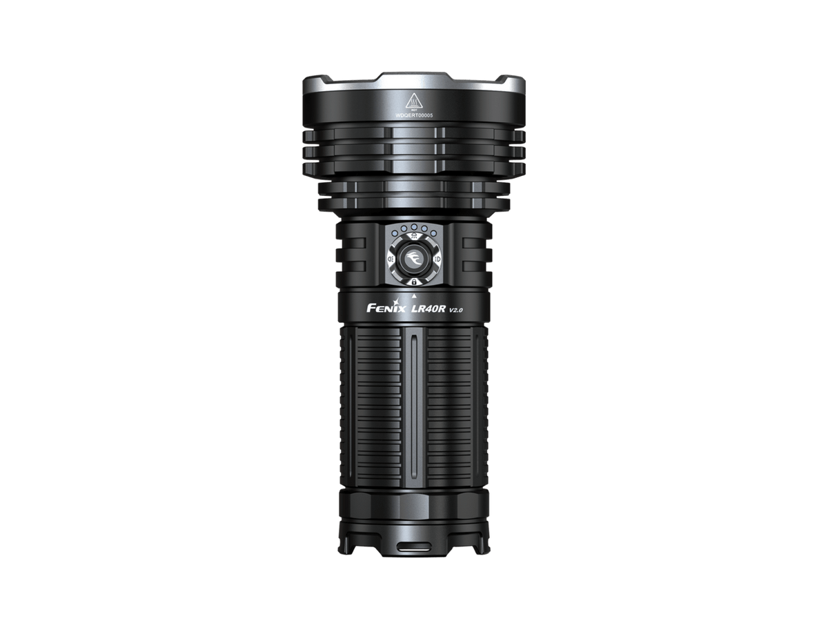 Fenix LR40R V2 rechargeable flashlight with rotary and electronic switches for easy one-handed operation.