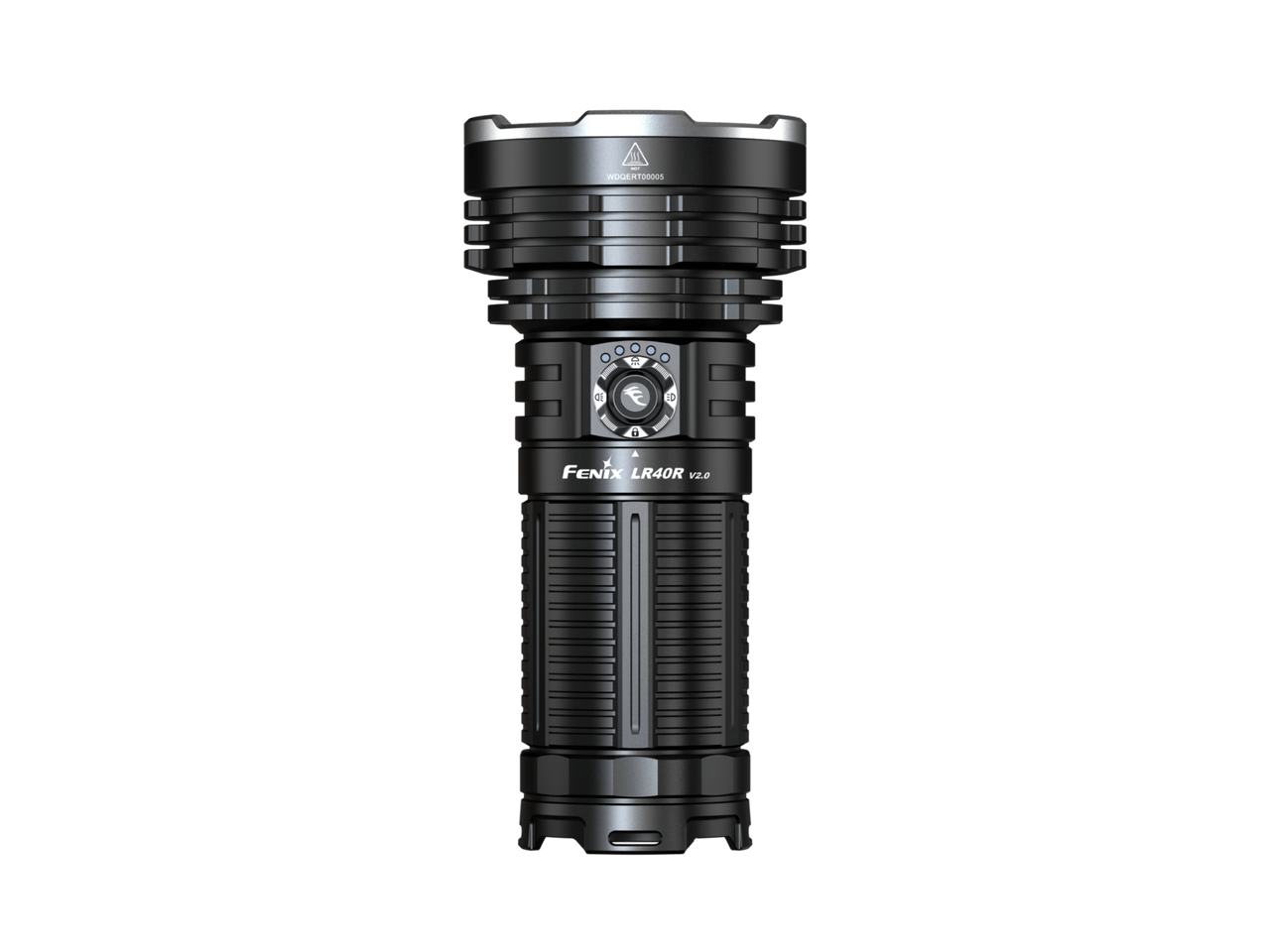 Fenix LR40R V2 rechargeable flashlight with rotary and electronic switches for easy one-handed operation.