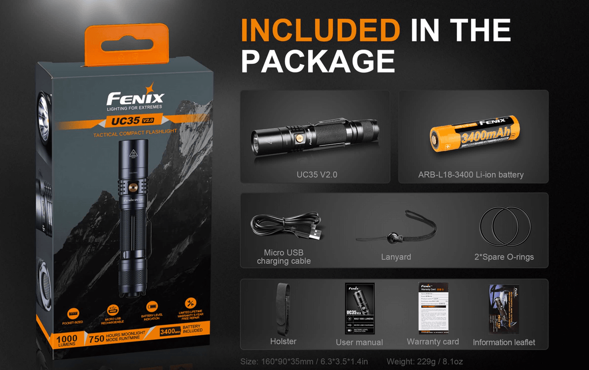 Fenix UC35 V2.0 tactical flashlight package contents including battery, charger, lanyard, and accessories.