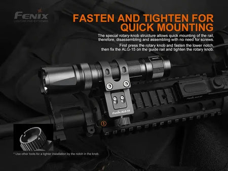 Fenix ALG-15 Tactical Rail Mount on a rifle, showcasing easy rotary-knob quick mounting for flashlights.