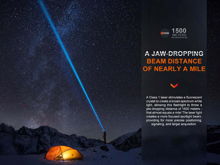 Fenix HT30R flashlight illuminating the night sky, showcasing its powerful beam distance of 1500 meters in a mountainous setting.