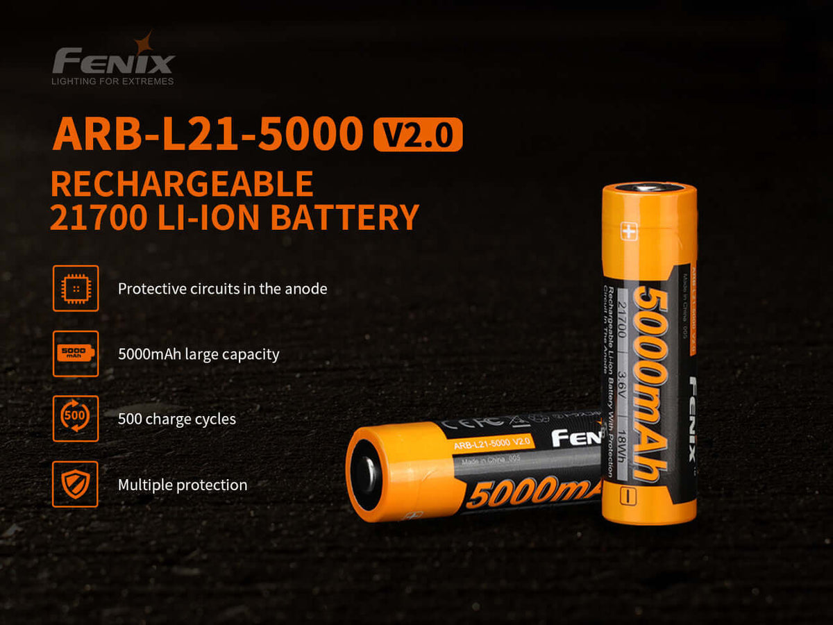 Fenix ARB-L21-5000 V2 rechargeable 21700 Li-ion battery with 5000mAh capacity and multiple protection features.