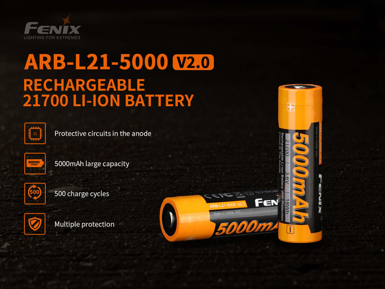 Fenix ARB-L21-5000 V2 rechargeable 21700 Li-ion battery with 5000mAh capacity and multiple protection features.