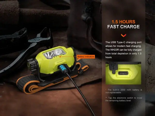 Fenix WH23R Industrial Headlamp with USB Type-C fast charging, fully charged in 1.5 hours.