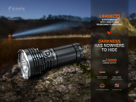 Fenix LR40Rv2 flashlight showcasing super bright 15000 Lumens output with spot and flood settings for effective searching.