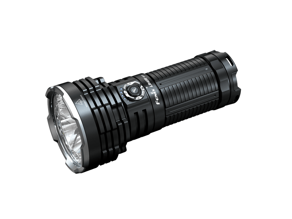 Fenix LR40Rv2 rechargeable flashlight showcasing its sleek design and powerful LED light for long-range visibility.
