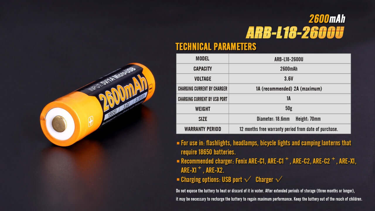 Fenix ARB-L18-2600U USB rechargeable 18650 battery with 2600mAh capacity and technical specifications.