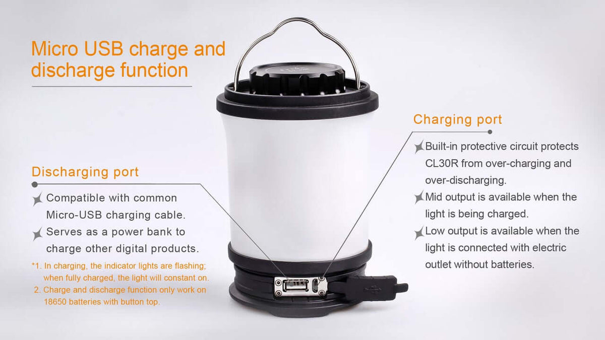 Fenix CL30R camping lantern with Micro USB charge and discharge functions, ideal for outdoor adventures.