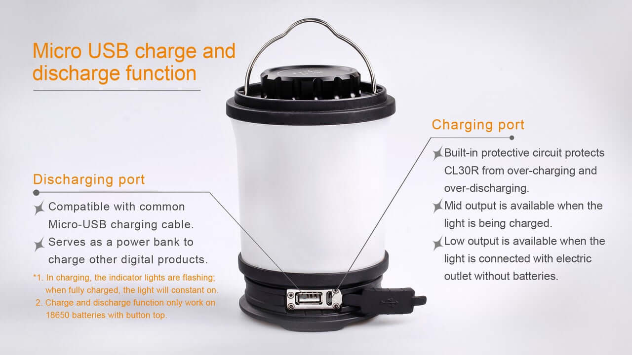 Fenix CL30R camping lantern with Micro USB charge and discharge functions, ideal for outdoor adventures.