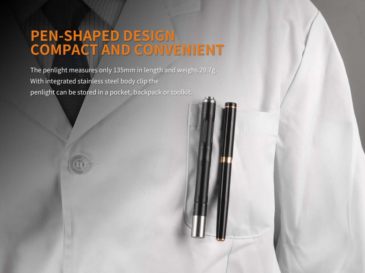 Fenix LD05 V2.0 EDC penlight displayed in a lab coat pocket, highlighting its compact and convenient pen-shaped design.