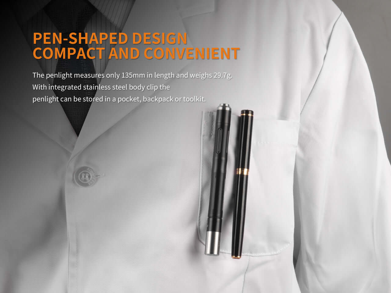 Fenix LD05 V2.0 EDC penlight displayed in a lab coat pocket, highlighting its compact and convenient pen-shaped design.