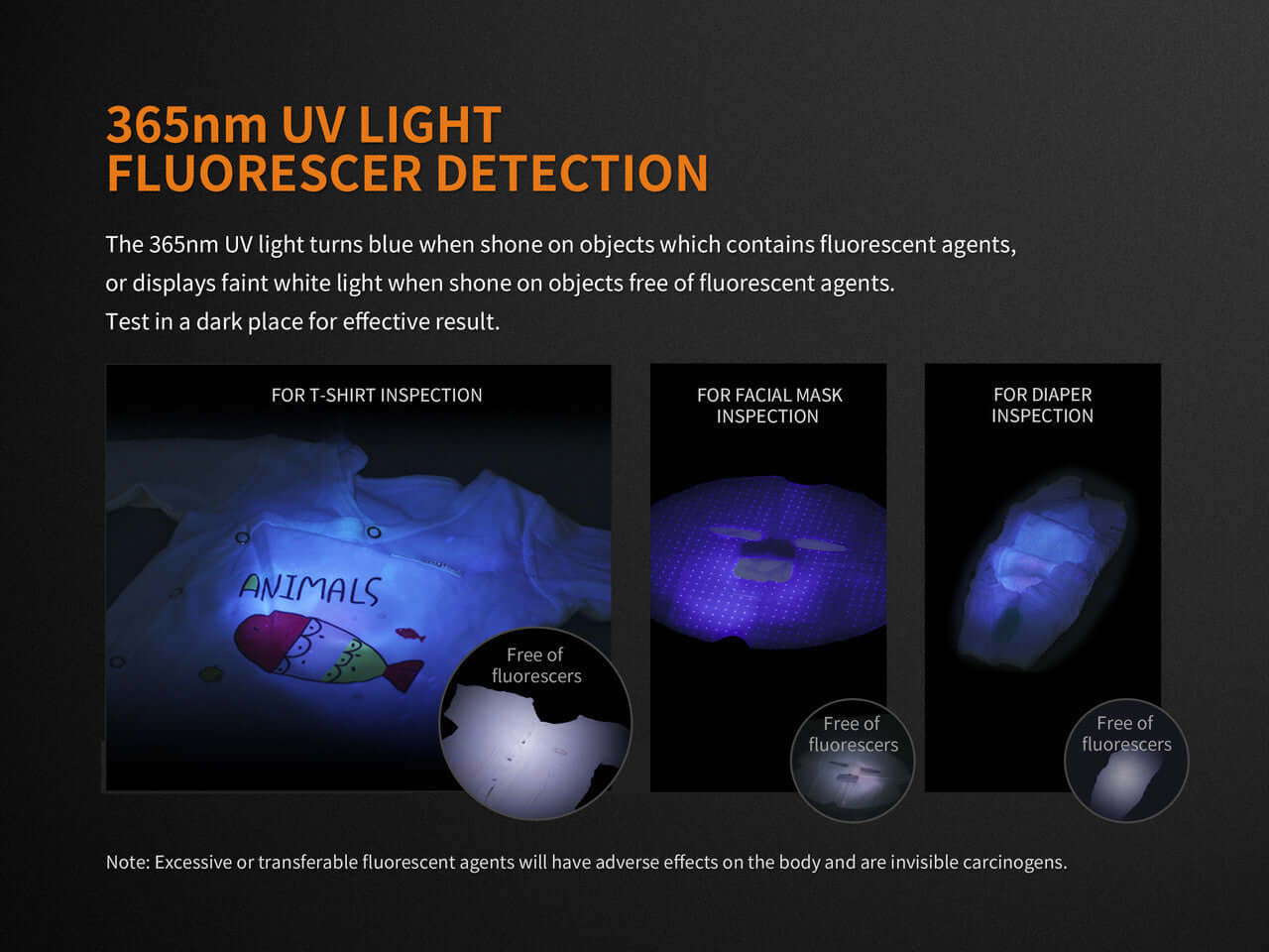 Image showing 365nm UV light detection for t-shirt, facial mask, and diaper inspections.