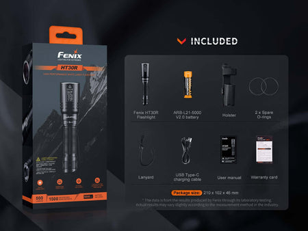 Fenix HT30R flashlight packaging with included accessories, ideal for precise long-distance targeting.