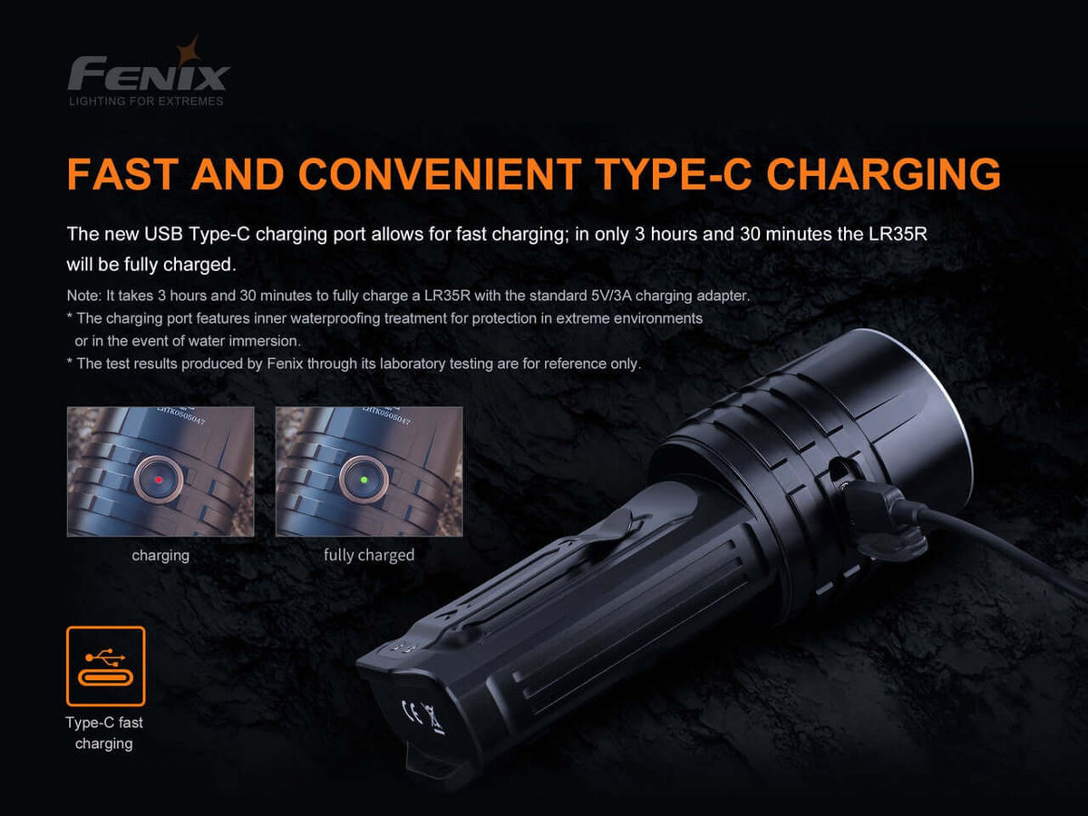 Fenix LR35R flashlight showcasing fast USB Type-C charging feature and status indicators.
