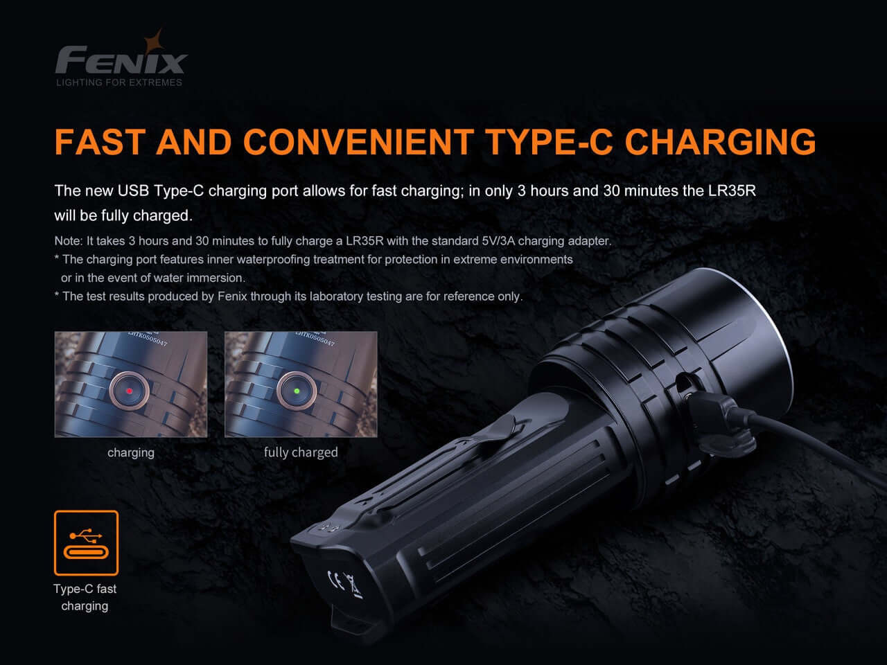 Fenix LR35R flashlight showcasing fast USB Type-C charging feature and status indicators.