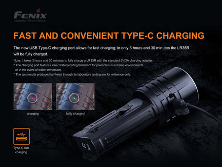Fenix LR35R flashlight showcasing fast USB Type-C charging feature and status indicators.