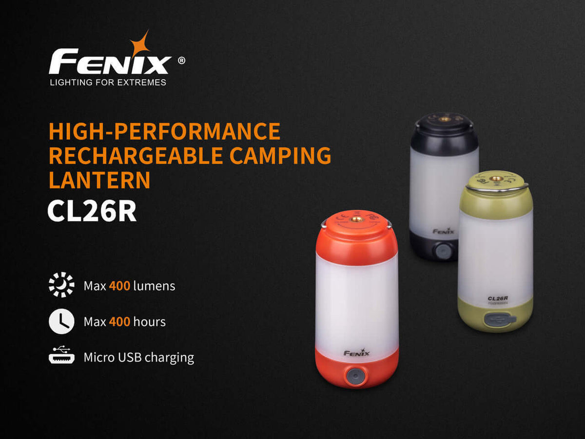 Fenix CL26R rechargeable camping lanterns showcasing three color options and features like 400 lumens output and micro USB charging.