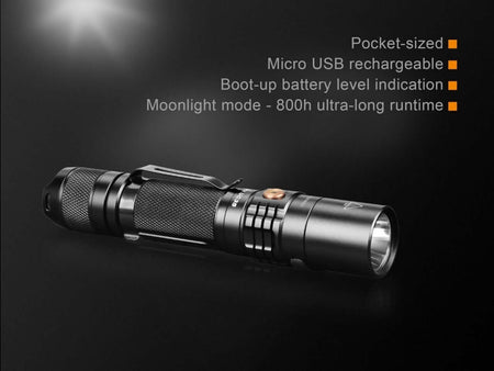 Fenix UC35 V2.0 rechargeable flashlight, pocket-sized, micro USB charging, moonlight mode with 800h runtime.
