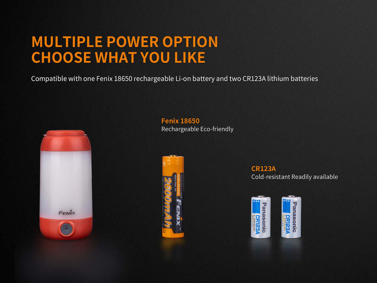 Fenix CL26R camping lantern showcasing multiple power options with 18650 rechargeable and CR123A lithium batteries.