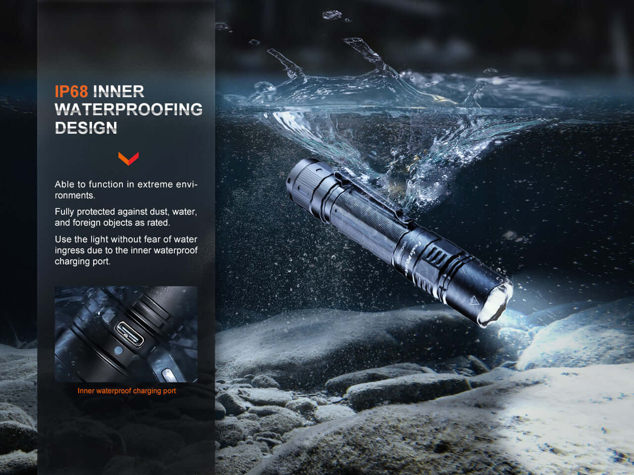 Fenix PD36R PRO flashlight demonstrating IP68 waterproof design in water.