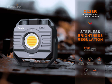 Fenix CL28R multifunctional outdoor lantern with stepless brightness regulation up to 2000 lumens, suitable for camping.