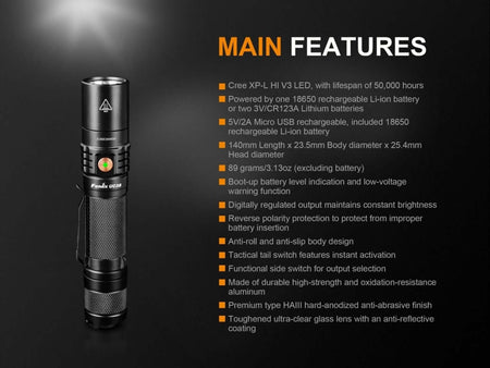 Fenix UC35 V2.0 flashlight features: CREE XP-L HI V3 LED, USB rechargeable, 1000 Lumens output, anti-slip body design.