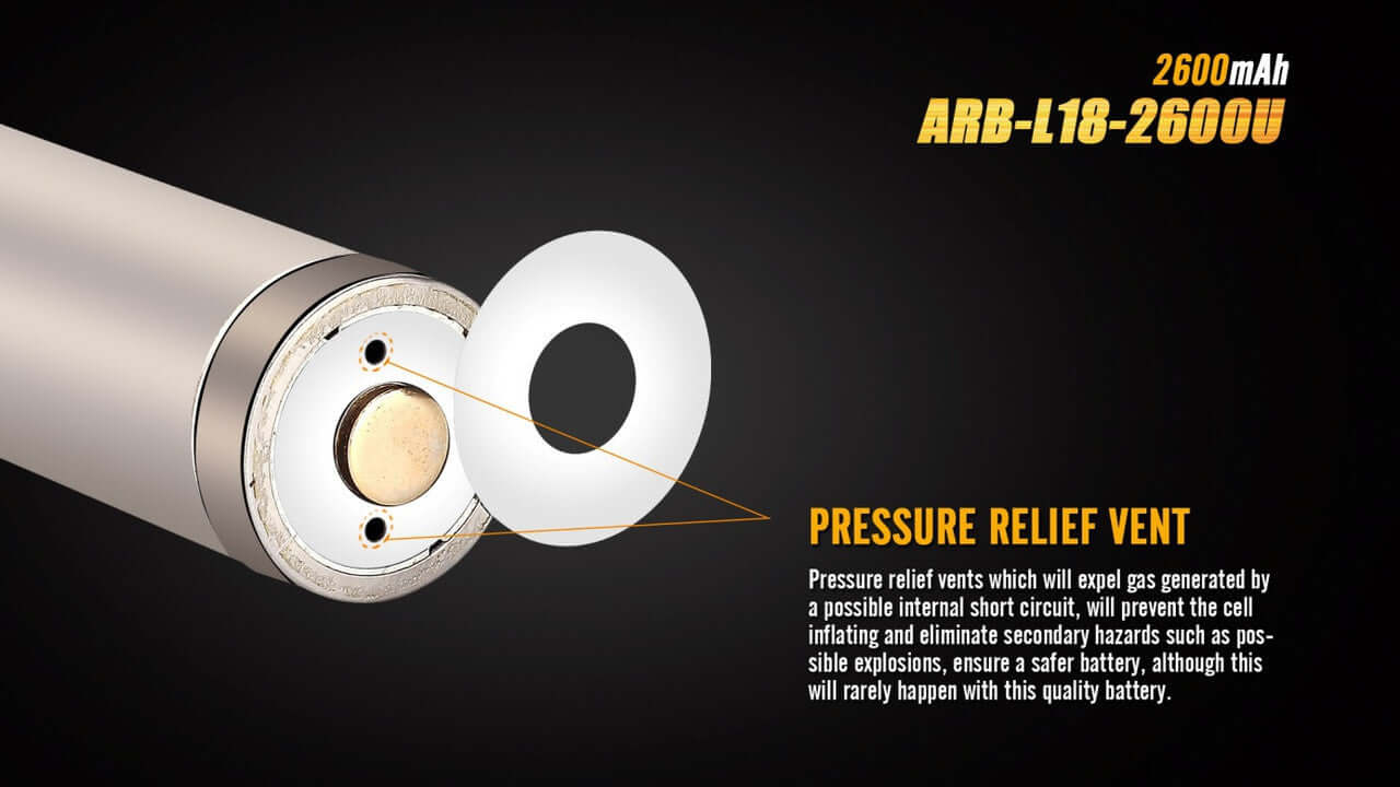Close-up of Fenix ARB-L18-2600U rechargeable battery showcasing pressure relief vent for safety.