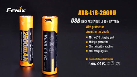 Fenix ARB-L18-2600U USB rechargeable 2600mAh battery with multiple protection features and micro-USB port.