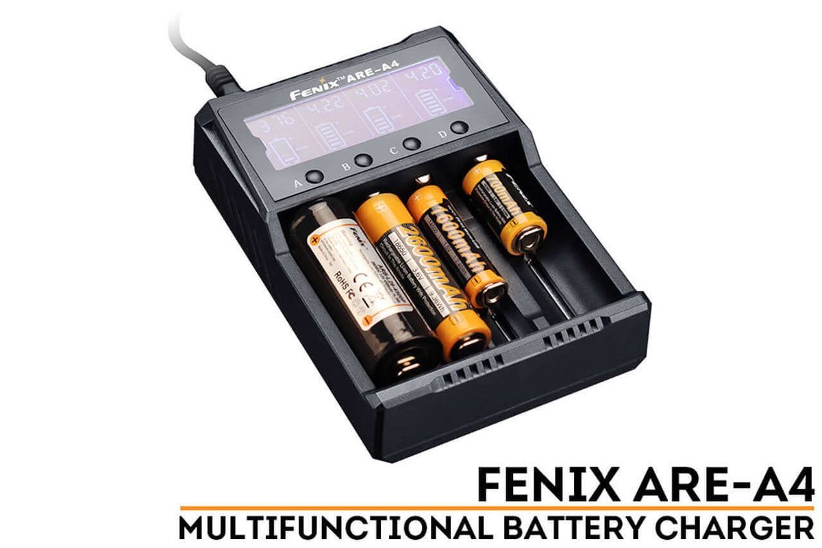 Fenix ARE-A4 Multifunctional Smart Charger with four batteries charging, features LCD display and safety protection.