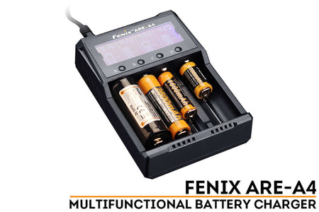 Fenix ARE-A4 Multifunctional Smart Charger with four batteries charging, features LCD display and safety protection.