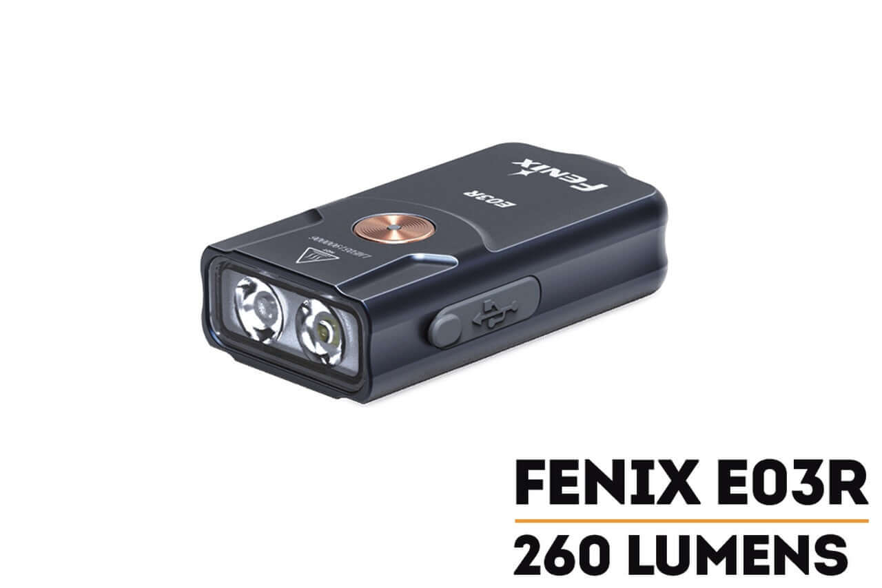 fenix e03r v2.0 keychain flashlight rechargeable Fenix e03r 260 lumen rechargeable edc keychain flashlight with auxiliary red light and lumentac usb-c charging Cable