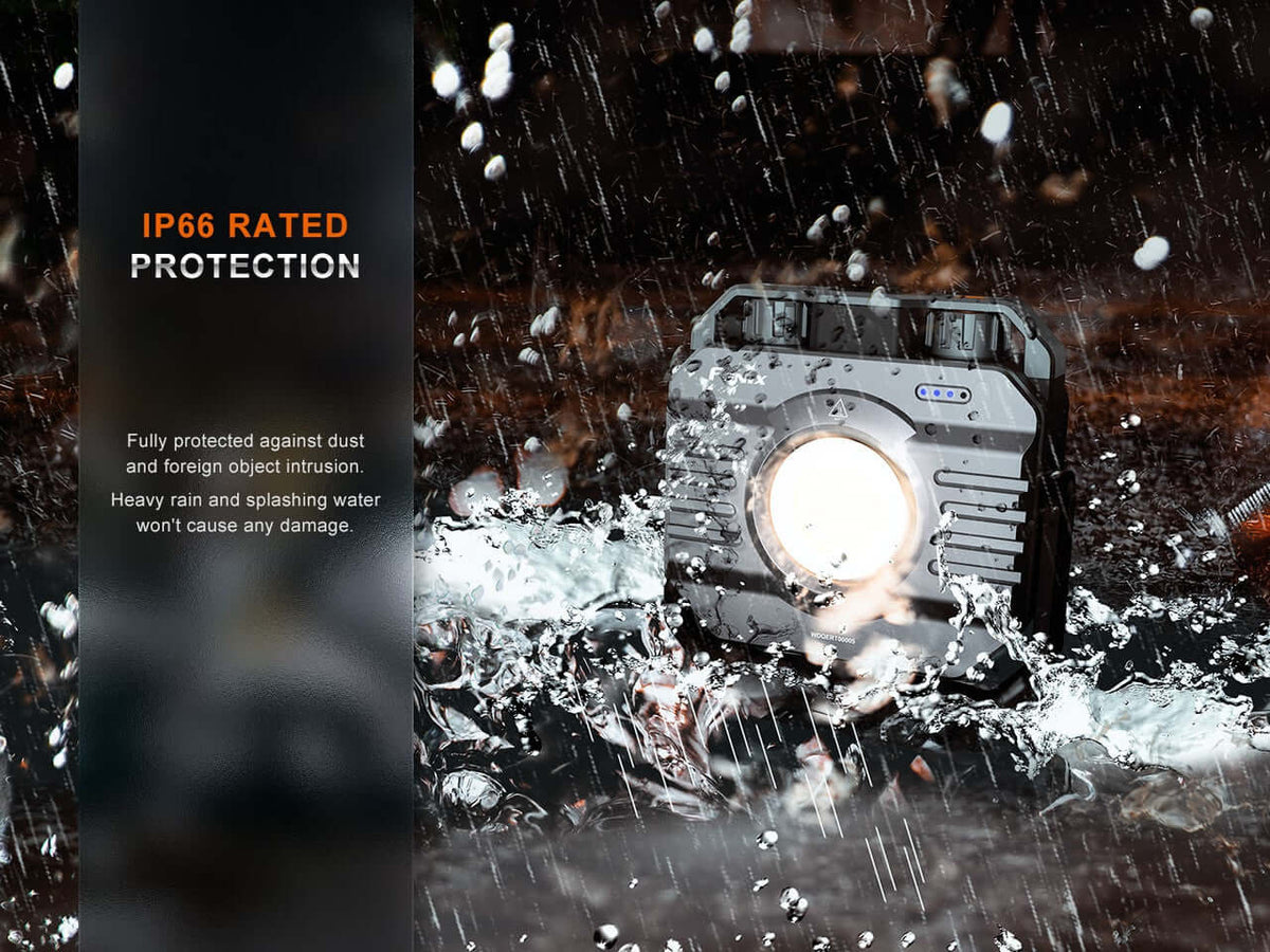 Fenix CL28R outdoor lantern showcasing IP66 water and dust protection in a rain scenario.