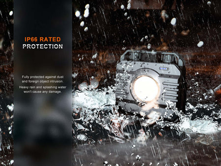 Fenix CL28R outdoor lantern showcasing IP66 water and dust protection in a rain scenario.