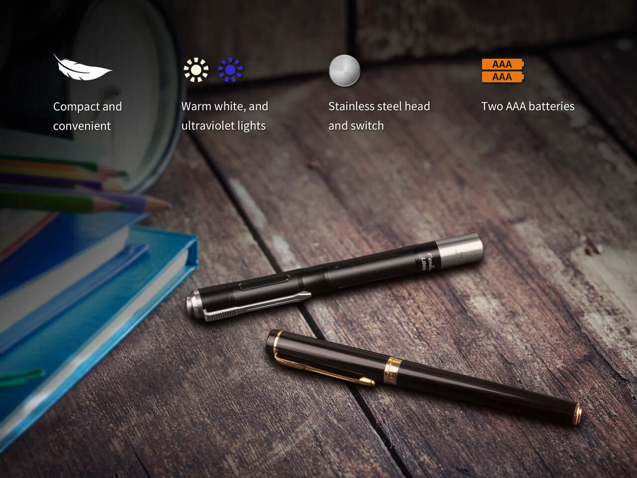 Fenix LD05 V2.0 EDC flashlight showcasing warm white and UV lights, stainless steel switch, compact design with two AAA batteries.