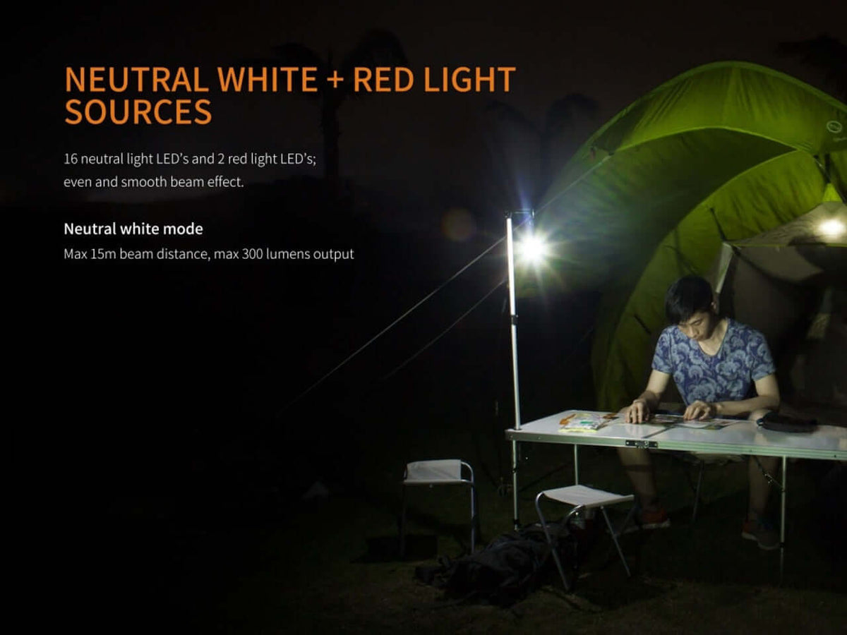 Fenix CL20R camping lantern showcasing neutral white and red light sources in a nighttime setting.