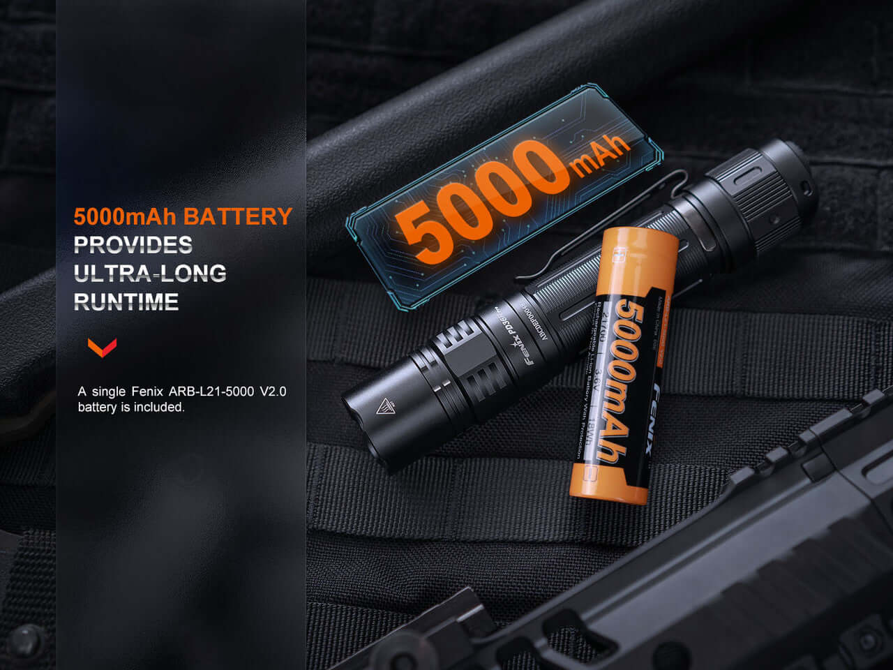 Fenix PD36R Pro flashlight with 5000mAh battery on tactical gear, highlighting ultra-long runtime feature.